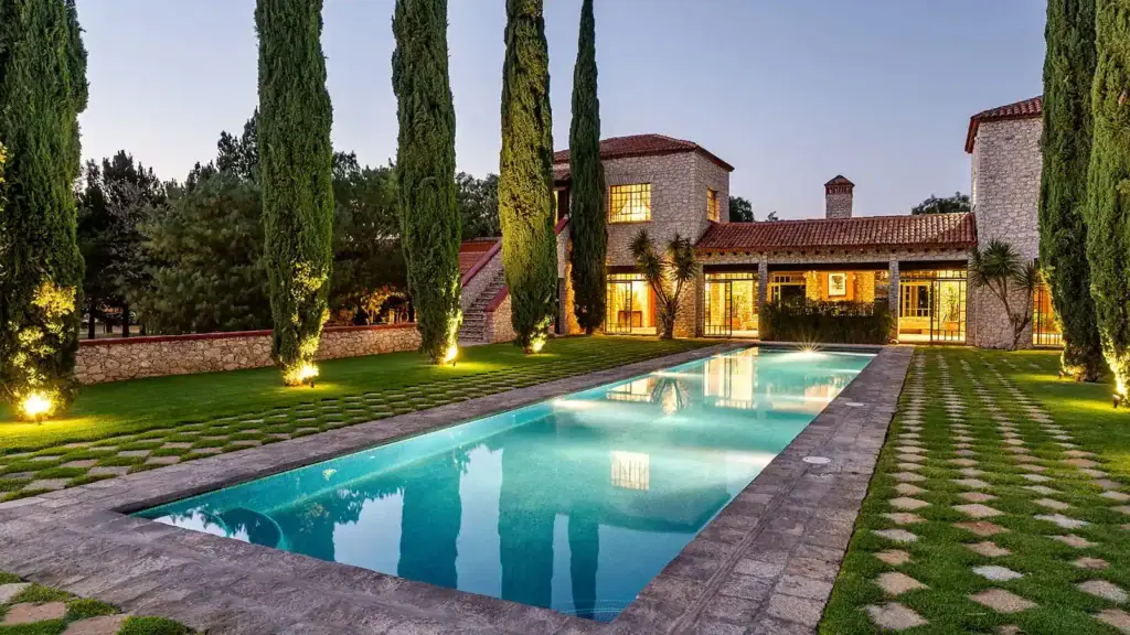 Rancho Las Sabinas, a luxury estate in San Miguel de Allende featuring a stone faƧade, landscaped gardens, and a long illuminated swimming pool at dusk.
