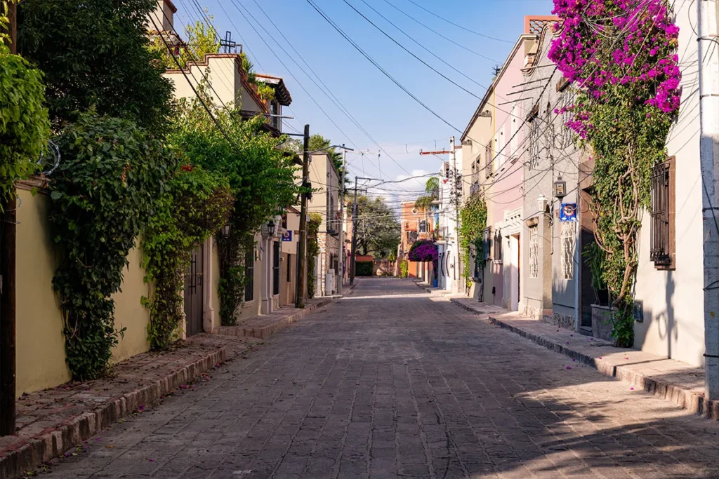 Quiet cobblestone street lined with elegant homes and flowering vines in Guadiana, San Miguel de Allende.