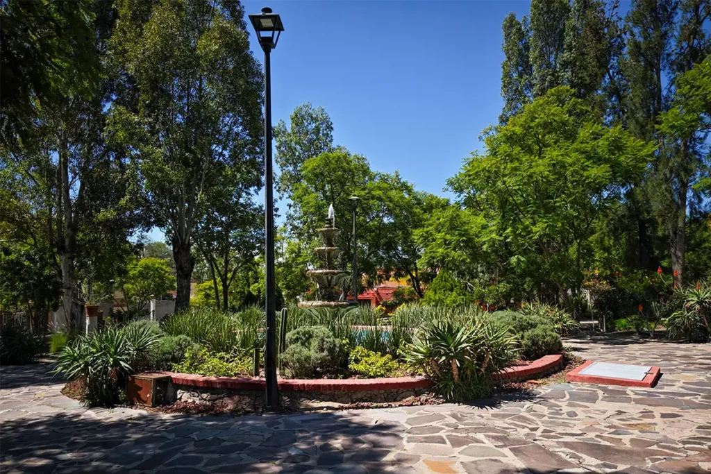 Central fountain surrounded by lush greenery in the Los Frailes neighborhood of San Miguel de Allende.